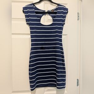 Poof! Navy and White Striped Knit mid-ish Dress